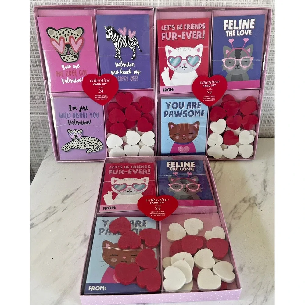 Valentine Card Kits 2024 Lot of 3 Packages 24 Cards Erasers Kohl's Cats Cheetahs